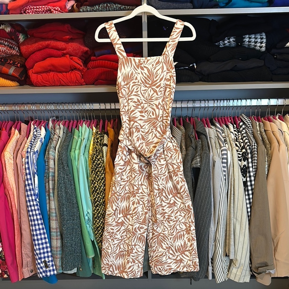 Monteau mauve/ivory elastic waistband belted 2 pocket cropped jumpsuit size XS